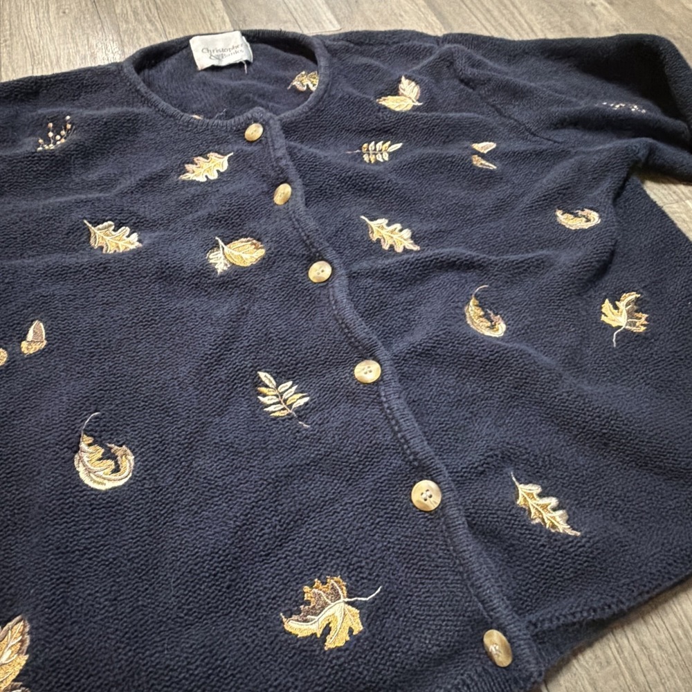 Vtg CHRISTOPHER & BANKS Navy Embroidered Nuts and Leaves M? Button Up Cardigan - Picture 7 of 8